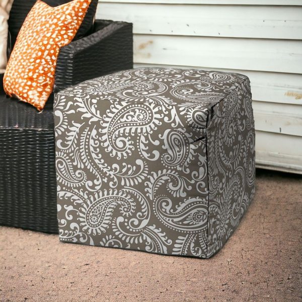 17" Taupe Cube Paisley Indoor Outdoor Pouf Cover - Image 2