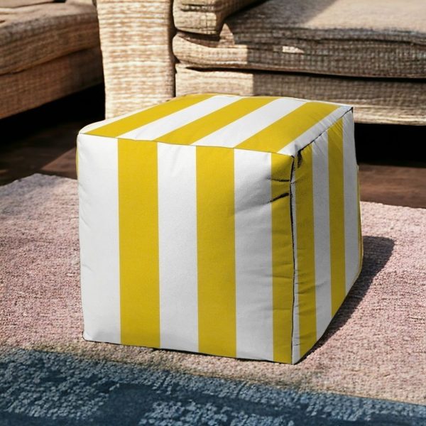 17" Yellow And White Cube Striped Indoor Outdoor Pouf Cover - Image 2