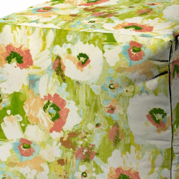 17" Green Cube Floral Indoor Outdoor Pouf Cover - Image 3