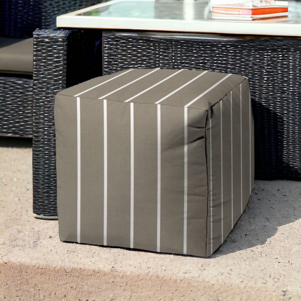 17" Taupe Cube Striped Indoor Outdoor Pouf Cover - Image 2