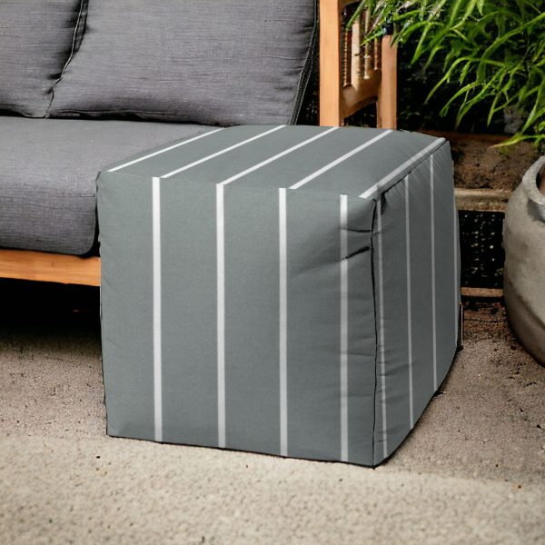 17" Gray Cube Striped Indoor Outdoor Pouf Cover - Image 2