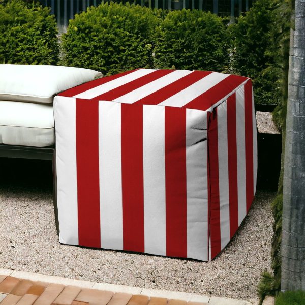 17" Red And White Cube Striped Indoor Outdoor Pouf Cover - Image 2
