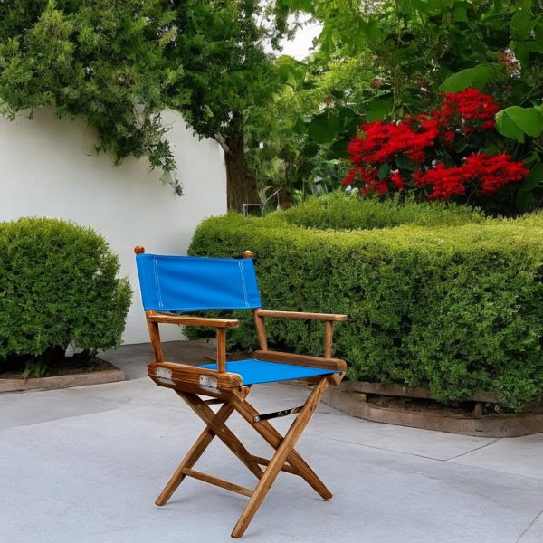 23" Blue and Natural Wood Solid Wood Indoor Outdoor Director Chair - Image 2