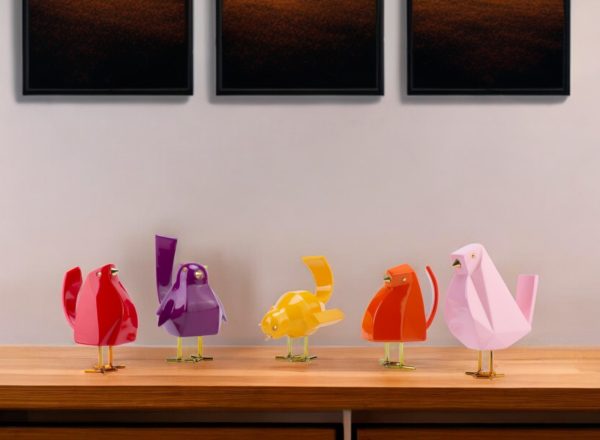 Set of Five Small Gold and Colorful Bird Sculptures