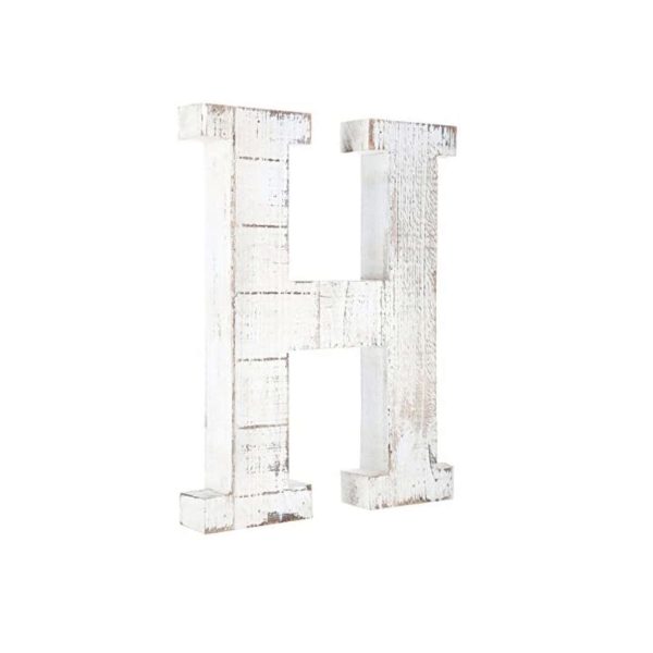16" Distressed White Wash Wooden Initial Letter H Sculpture