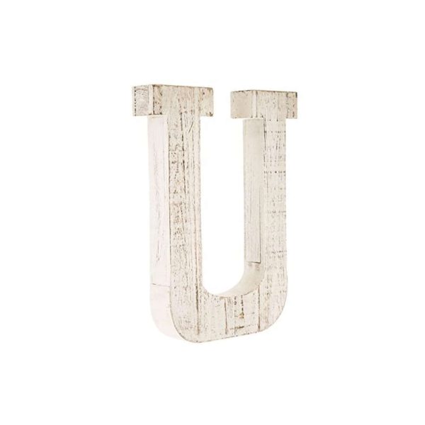 16" Distressed White Wash Wooden Initial Letter U Sculpture - Image 2