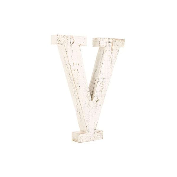 16" Distressed White Wash Wooden Initial Letter V Sculpture - Image 2