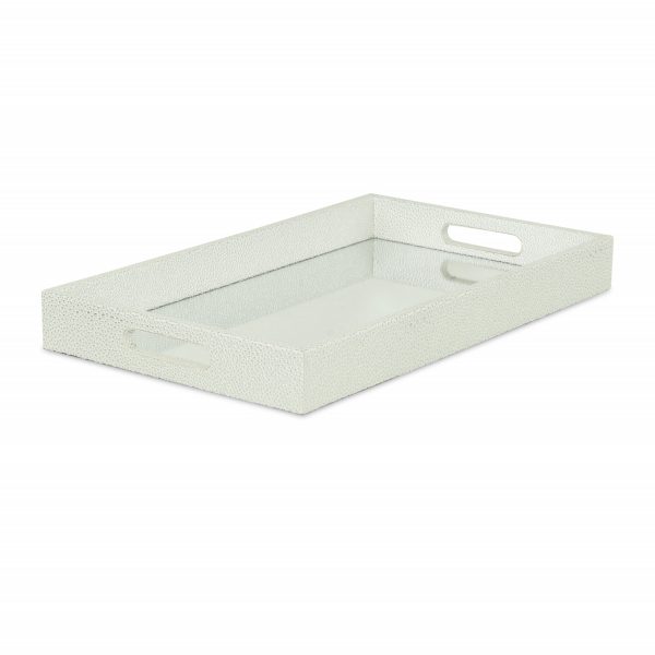 16" White Silver Rectangular Wood Handmade Tray With Handles - Image 3