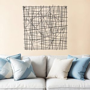 32" X 32" Black Handcrafted Abstract Lines Metal Hanging Dimensional Sculpture