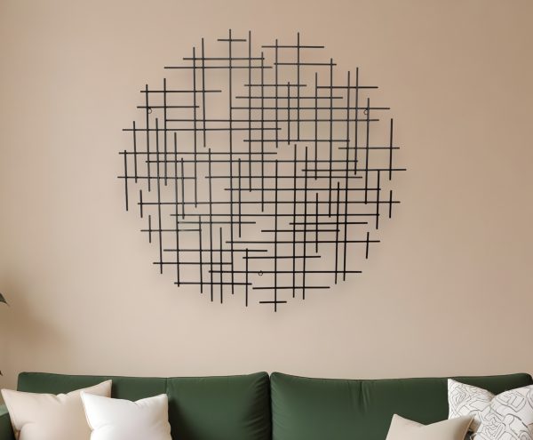 37" X 38" Black Metal Abstract Lines Round Hanging Dimensional Sculpture
