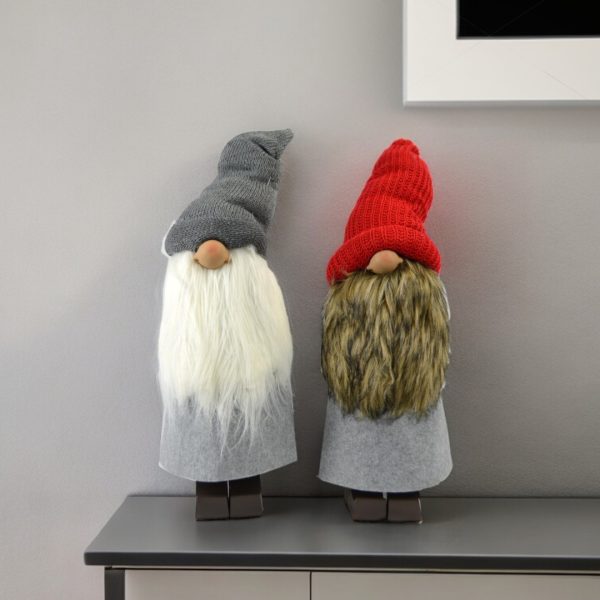 Set Of Two 19" Red And Grey Fabric Standing Gnomes - Image 2