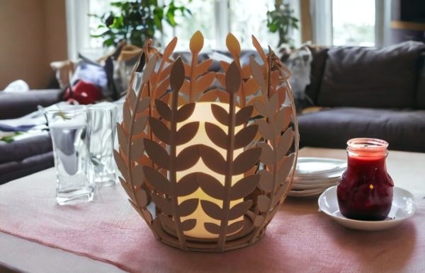 8" Bronze Iron Floral Centerpiece Hurricane Candle Holder With Candle - Image 3