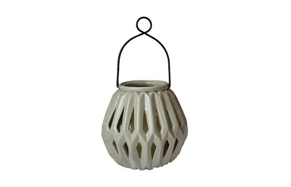6" Graphite Ceramic Geometric Centerpiece Lantern Candle Holder With Candle - Image 2