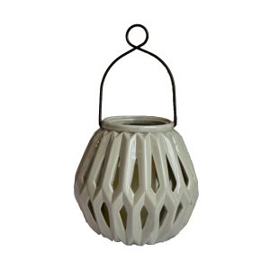 6" Graphite Ceramic Geometric Centerpiece Lantern Candle Holder With Candle