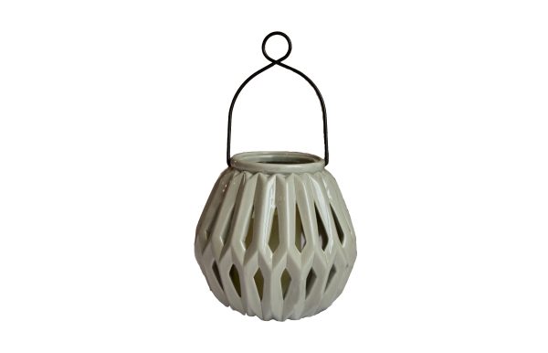 6" Graphite Ceramic Geometric Centerpiece Lantern Candle Holder With Candle