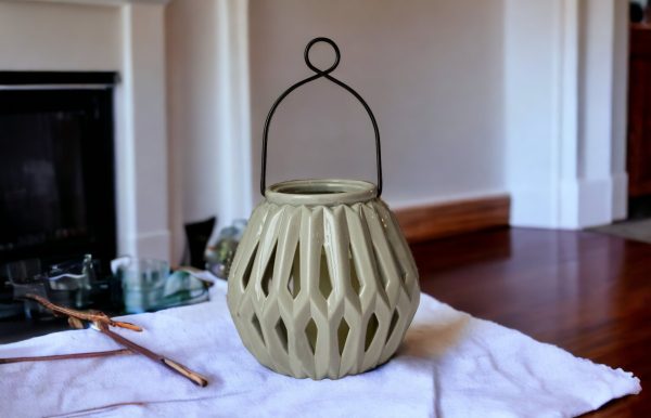 6" Graphite Ceramic Geometric Centerpiece Lantern Candle Holder With Candle - Image 3