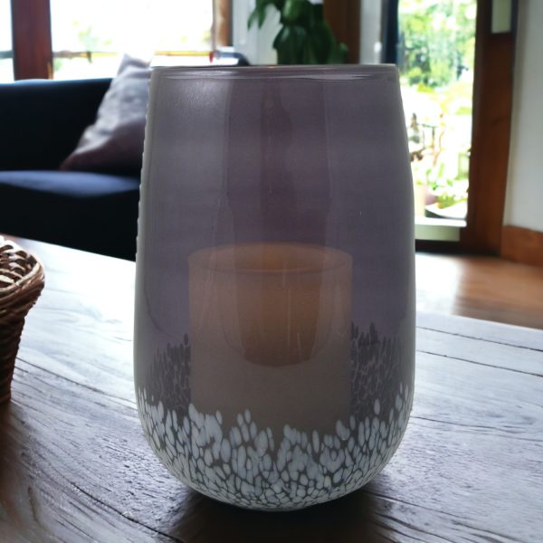 8" Gray and White Glass Tabletop Hurricane Candle Holder With Candle - Image 3