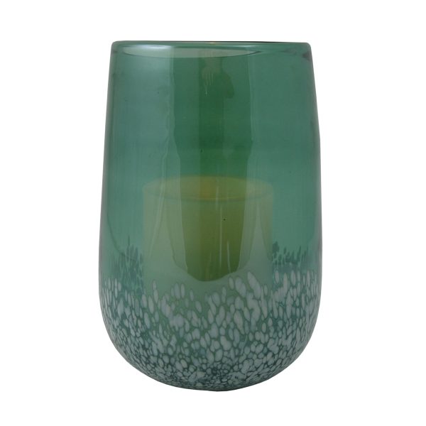 8" Green and White Glass Tabletop Hurricane Candle Holder With Candle - Image 3