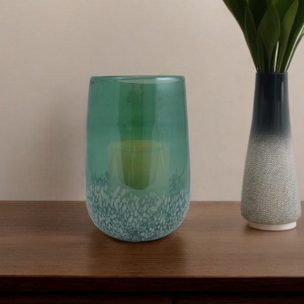 8" Green and White Glass Tabletop Hurricane Candle Holder With Candle - Image 2