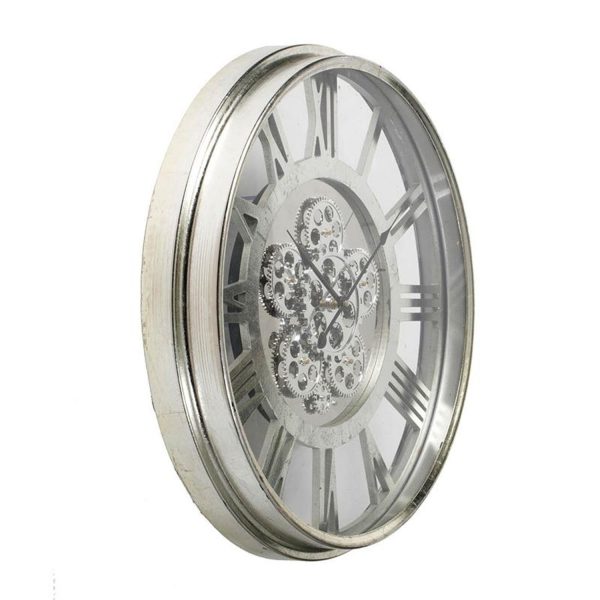 21" Circle Silver Metal and Glass Analog Exposed Gear Wall Clock - Image 3
