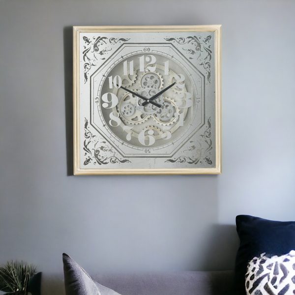 24" Square Gold and Silver Wood and Mirror Exposed Gear Wall Clock - Image 2