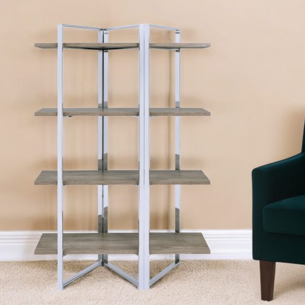72" Brown and Silver Metal Four Tier Etagere Bookcase - Image 2