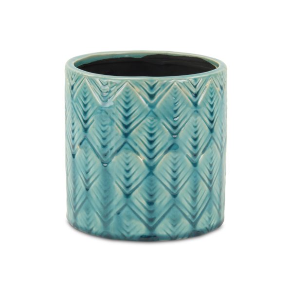 6" Turquoise Geometric Ceramic Indoor Outdoor Round Pot Planter - Image 2