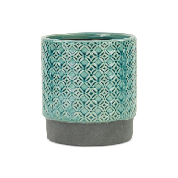 6" Turquoise Geometric Ceramic Indoor Outdoor Round Pot Planter - Image 3