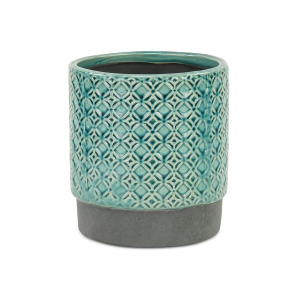 6" Turquoise Geometric Ceramic Indoor Outdoor Round Pot Planter - Image 2
