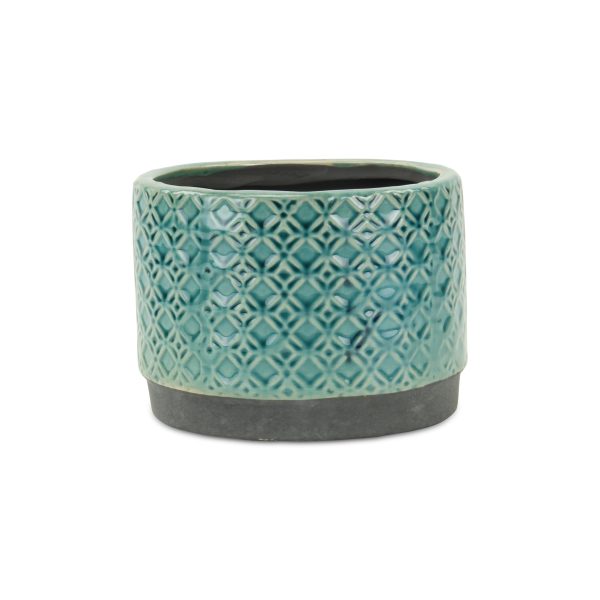 7" Turquoise Geometric Ceramic Indoor Outdoor Round Pot Planter - Image 3
