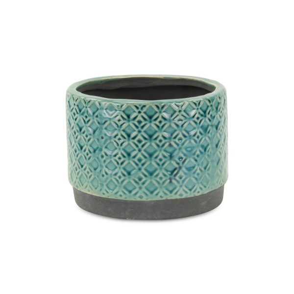 7" Turquoise Geometric Ceramic Indoor Outdoor Round Pot Planter - Image 2