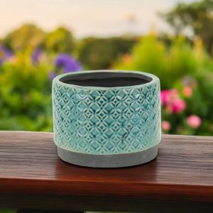 7" Turquoise Geometric Ceramic Indoor Outdoor Round Pot Planter