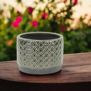 7" Gray Geometric Ceramic Indoor Outdoor Round Pot Planter