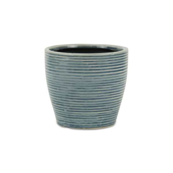 6" Blue Striped Ceramic Indoor Outdoor Round Pot Planter - Image 3