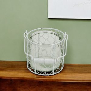 5" White Metal Tabletop Lantern Candle Holder