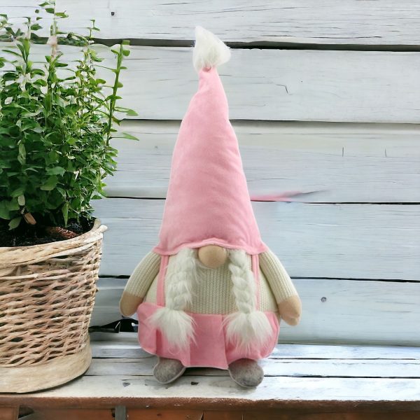 22" Pink and White Fabric Standing Gnome - Image 2