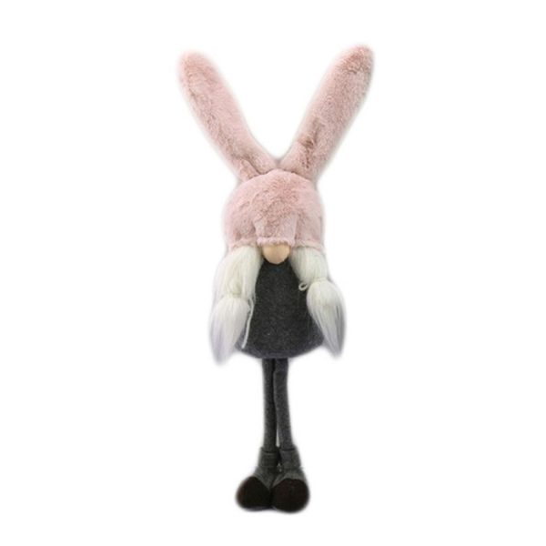 20" Gray and Pink Fabric Bunny Ears Sitting Gnome - Image 3