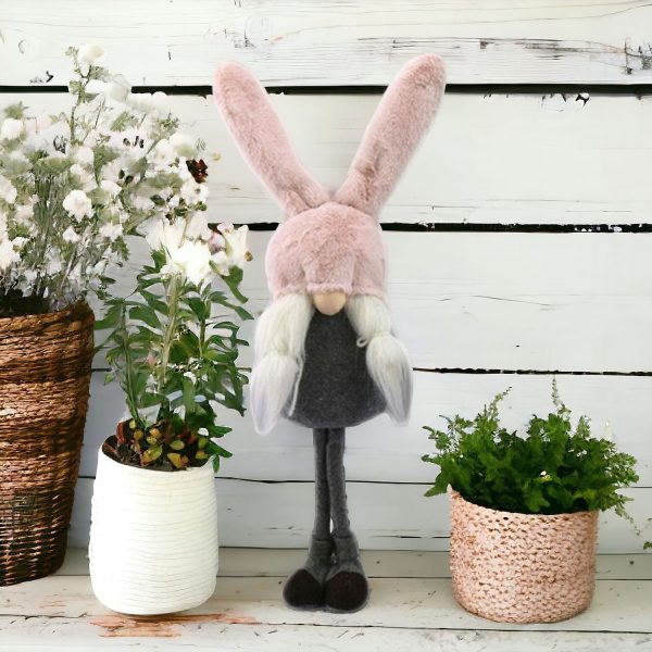 20" Gray and Pink Fabric Bunny Ears Sitting Gnome - Image 2