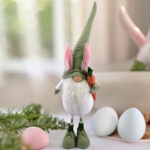 29" Green and White Fabric Easter Standing Gnome