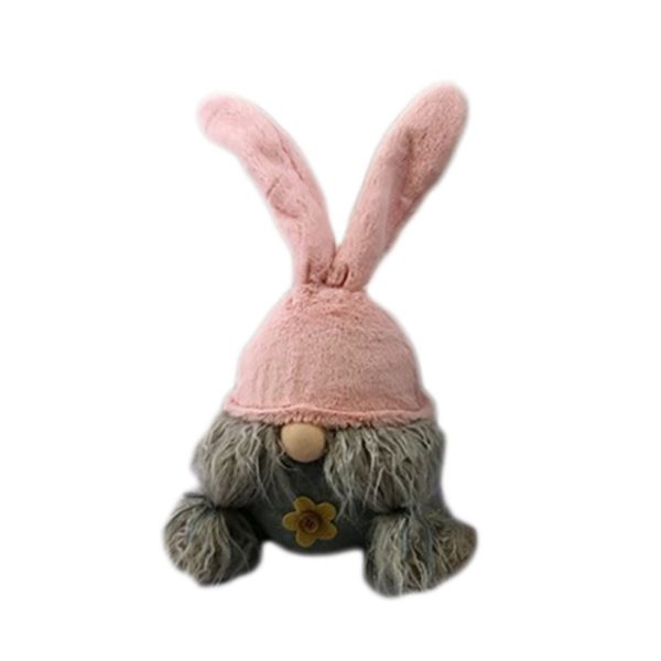 19" Gray and Pink Fabric Bunny Ears Standing Gnome - Image 3