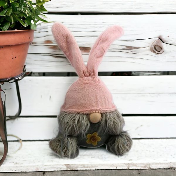 19" Gray and Pink Fabric Bunny Ears Standing Gnome - Image 2