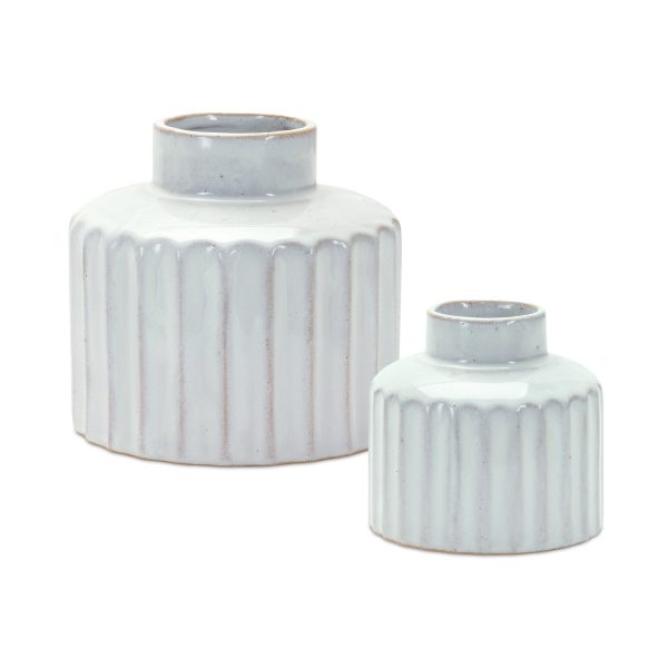 Set of Two White Ribbed Round Porcelain Table Vase - Image 3
