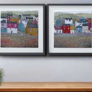 Set of Two 16" X 16" Gray Green and Yellow Wood Framed Art