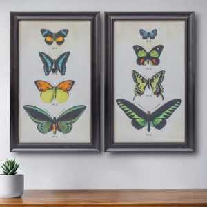 Set of Two 18" X 11" Black Blue and Green Butterfly Solid Wood Framed Art
