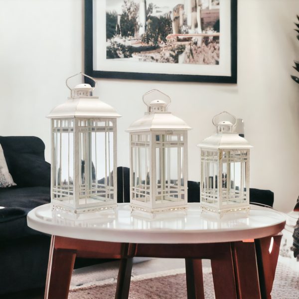 Set of Three Ivory Metal Mirrored Floor Lantern Candle Holders - Image 2