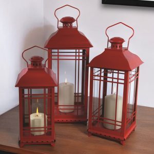 Set of Three Red Glass and Metal Geometric Floor Lantern Candle Holders