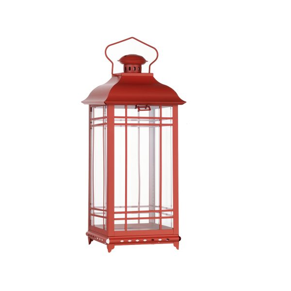 Set of Three Red Glass and Metal Geometric Floor Lantern Candle Holders - Image 2