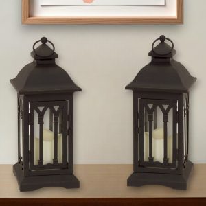 Set of Two Black Metal Geometric Lantern Candle Holders