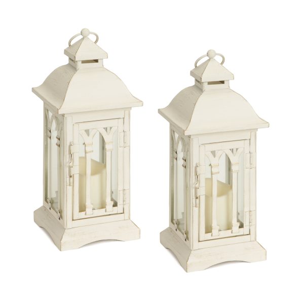 Set of Two Ivory Metal And Glass Ornate Tabletop Lantern Candle Holders With Candle - Image 3