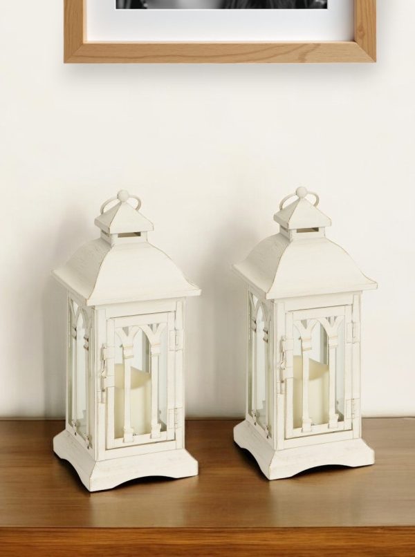 Set of Two Ivory Metal And Glass Ornate Tabletop Lantern Candle Holders With Candle - Image 2